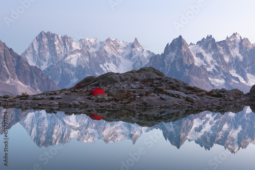 Red tent on Lac Blanc lake