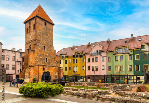 Gothic tower and ruins of medieval Saint Catherine church in Bytow historic city center in Kaszuby region of Pomerania in Poland