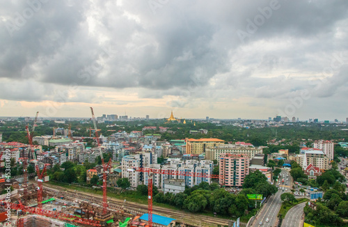 View to the Shwedagon Pagoda and the Cityscape of Yangon Myanmar Burma