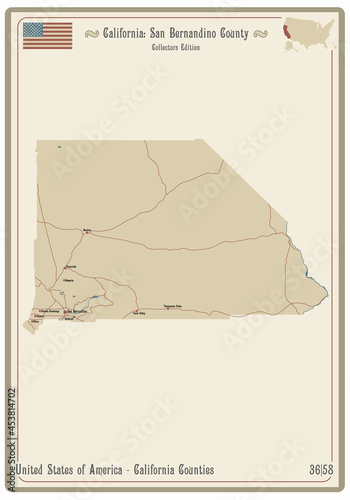 Map on an old playing card of San Bernardino county in California, USA.