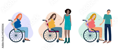 3 illustrations vectorielles sur le thème de l'handiparentalité. Grossesse, maternité et handicap. Diversité des couples, LGBTQ+ . Femme enceinte en fauteuil roulant. Famille, mixité et inclusion.
