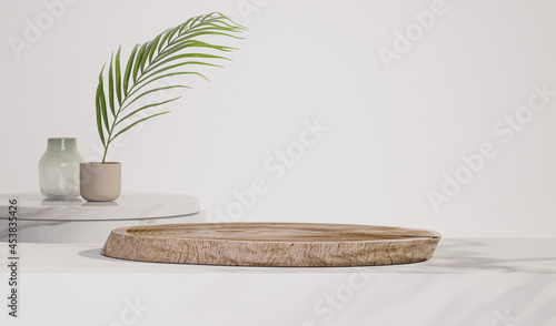 Wooden product display podium with nature leaves, cosmetic bottle on white background. Minimal mockup concept for product presentation. Trendy 3d render for social media banners, promotion, studio
