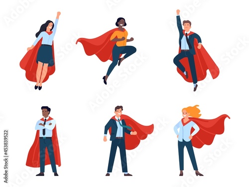 Super businessmen characters. Men and women heroes in different poses, flying, standing business people, fluttering capes. Vector set