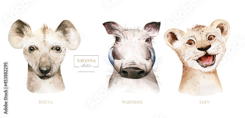 Africa watercolor savanna cute funny warthog, hyena and ostrich animal illustration. African Safari animals king lion face portrait character. Isolated on white poster design