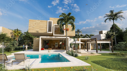 Modern cubic house in wood and concrete with pool and garden