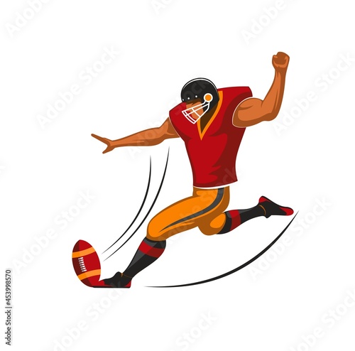 Kicker player of american football team, vector sport game design. Placekicker cartoon character in team uniform with ball, helmet and jersey, pants, shoulder and thigh pads making field goal