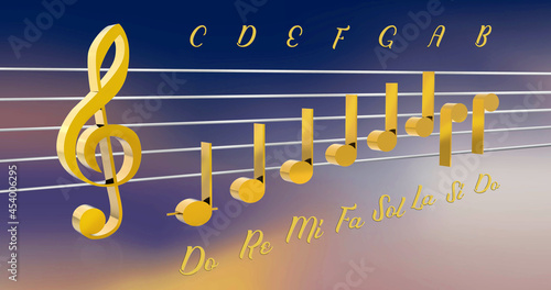 3D illustration of diatonic scales (Do, Re, Mi, Fa, Sol, La, Si, Do) with notes using shiny gold material
