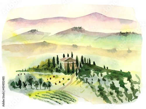 Watercolor drawing of a mediterranean landscape.