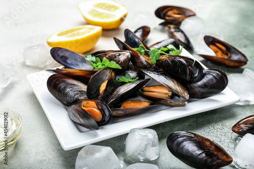 Plate with raw mussels on table