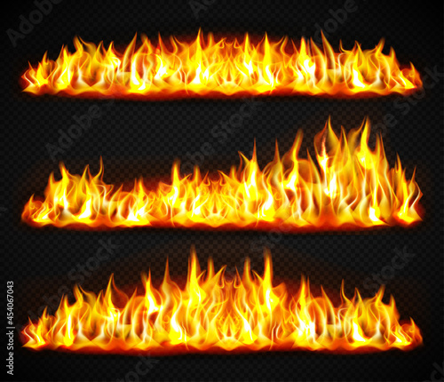 Realistic fire flame set. Horizontal burning bonfires isolated on dark transparent background