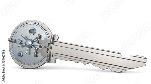 A concept of a key with steel safe door mounted in it, isolated on white background, 3d illustration