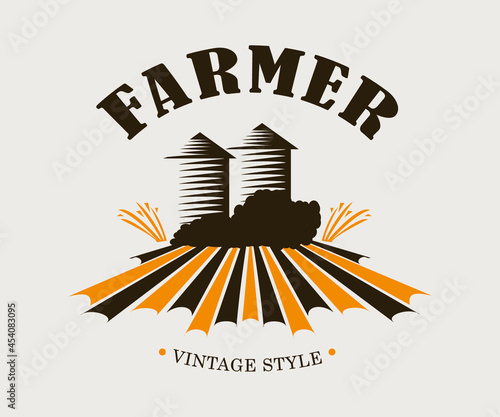 Farm logo, vintage vector illustration, food organic emblem.