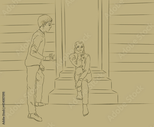 Digital illustration of a boy offering help to a girl that was kicked out for the night and is sitting in front of a door