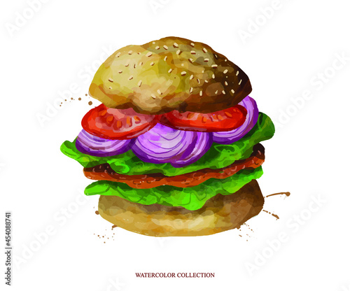 Food menu design elements. Hamburger hand drawn frame. American food. Watercolor illustration on white background.