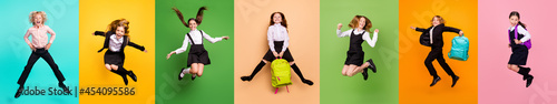 Collage photo of happy joy positive diversity pupils kids boys girls in uniform jump isolated over colored background