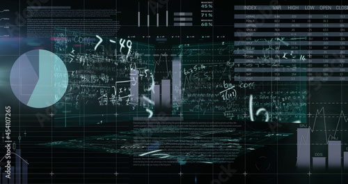 Mathematical equations floating against statistical data processing against black background