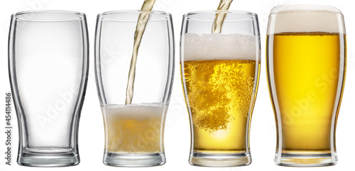 Set of four glasses with different beer level. Pouring beer into the beer glass isolated on white background. File contains clipping path.
