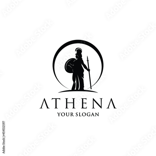 Silhouette of Athena Minerva with Shield and Spear and moon , The Beauty Greek Roman Goddess Logo Design