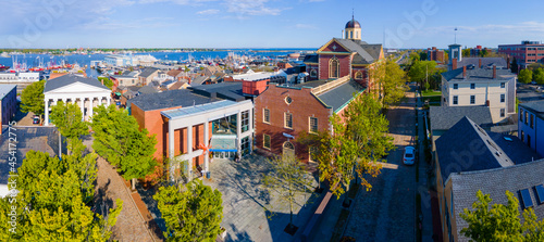 Aerial view of New Bedford Whaling Museum building in New Bedford Whaling National Historical Park in historic downtown of New Bedford, Massachusetts MA, USA. 