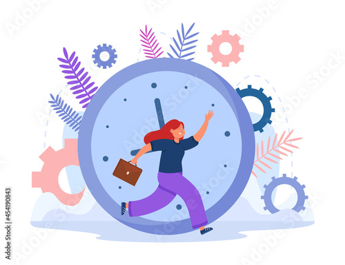 Woman with briefcase running in front of clock or chronometer. Good comic female worker going to work at early hour flat vector illustration. Time management, organization, job concept