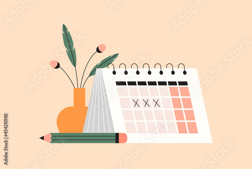 White paper monthly calendar and pencil on the desk. Planning, scheduling, time management concept. Organizing work tasks, daily events, business meetings. Isolated flat vector illustration