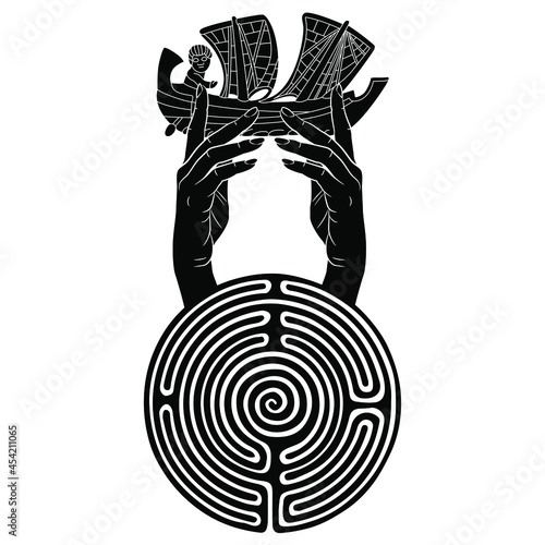 Two human hands emerging from a round spiral maze or labyrinth symbol and holding ancient Carthaginian vessel or sailing boat ship. Creative concept. Black and white negative silhouette.