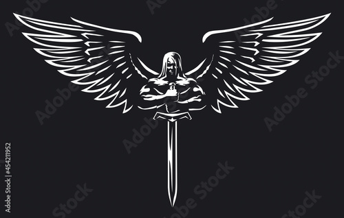 A muscular man with wings and sword 