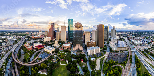 Ariel cityscape view of downtown Houston Texas with park in foreground