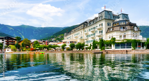 Beautiful view from the lake to the promenade of Zell am See, Austria