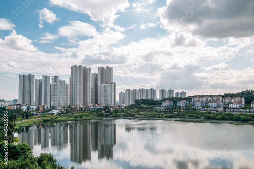 View of modern buildings and Gwanggyo Lake Park in Suwon, Korea