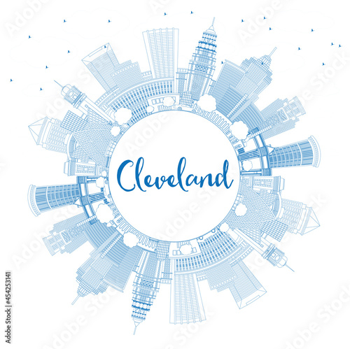 Outline Cleveland Ohio City Skyline with Blue Buildings and Copy Space.