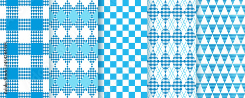 Octoberfest seamless patterns. Blue checkered textures. Oktoberfest lozenge diamond backgrounds. Set prints with rhombus, triangle, check and plaid. Modern geometric backdrop. Vector illustration.