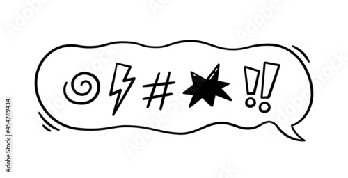 Comic speech bubble with swear words symbols. Hand drawn speech bubble with curse, lightning, bomb. Vector illustration isolated in doodle style on white background.