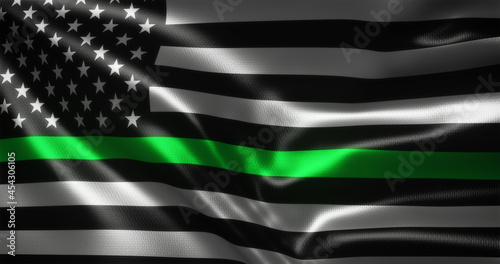 Thin Green Line Flag, United States of America flag with waving folds, close up view, 3D rendering