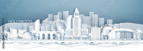 Panorama view of Los Angeles, California. United States skyline with world famous landmarks in paper cut style vector illustration.