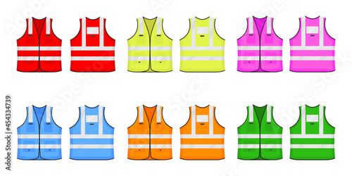 Safety reflective vest icon sign flat style design vector illustration. Various color fluorescent security safety work jacket reflective stripes. Front view road uniform vest isolated white background