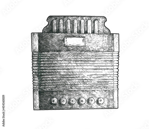 Image of the graphic artist of one of the first Russian harmonica (russ Тульская семиклапонка), ideas for decorating tables, diagrams, stickers, cards, covers, books on musical and historical topics.