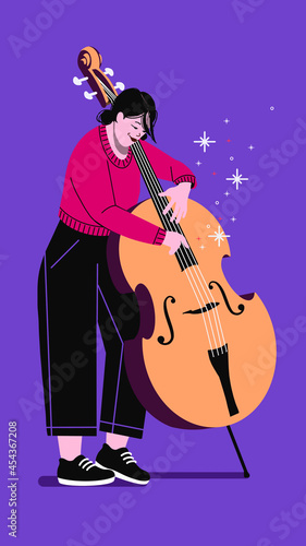 Double bass player. Female musician with string instrument. Contrabass music live performance. Jazz player performance. 
