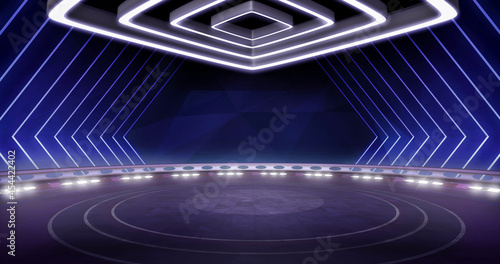 Full shot of a modern, virtual TV show background, ideal for artistic tv shows, tech infomercials or launch events. 3D rendering backdrop suitable on VR tracking system stage sets, with green screen
