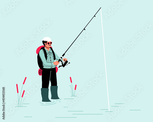 non binary person with fishing rod. fishing in pond sea and River. standing in Lake fly fishing with outdoor fishing gear.