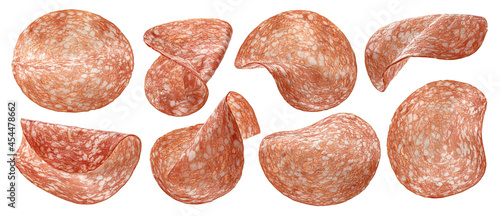 Sliced salami sausage isolated on white background
