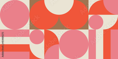 Modern vector abstract geometric background with circles, rectangles and squares in retro scandinavian style. Pastel colored simple shapes graphic pattern.