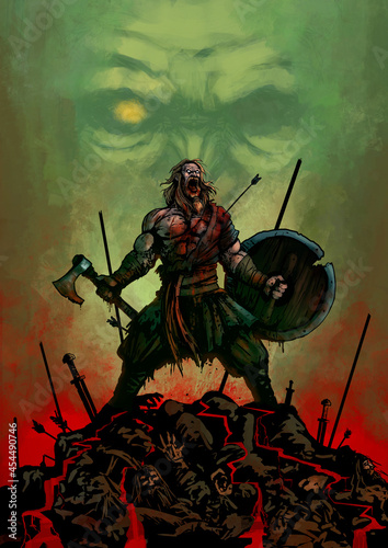 End of the battle. Berserker stands on a mountain of dead bodies in front of Odin's face. The Viking was the last survivor. The warrior is holding a shield and an ax, he is wounded. 2D illustration.