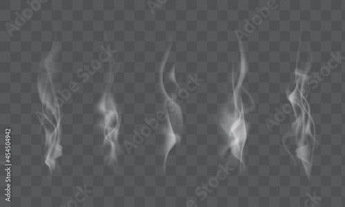 Set of high detailed smokes from coffee, tea, cigarettes, hot food isolated on transparent background. Vector illustration