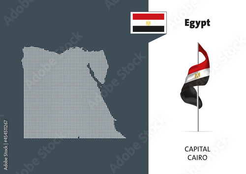 Flag of Egypt on white background. Dotted Map of Egypt with Capital name - Cairo.