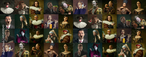 Collage of medieval men and women as a royalty persons in vintage clothing on dark background. Concept of comparison of eras, modernity and renaissance, baroque style.