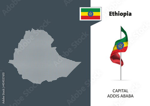 Flag of Ethiopia on white background. Dotted map of Ethiopia with Capital name - Addis Ababa. (EPS 10 vector art)