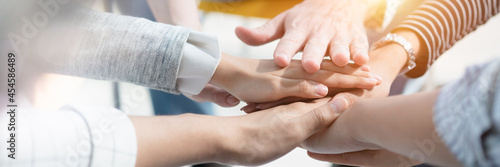 Panoramic header image of hand for work together concept, Hand stack for business and service, Volunteer or teamwork togetherness, Connection of community and charity. Team participation.