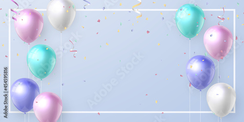Elegant realistic pastel color ballon and ribbon Happy Birthday celebration card banner template background
