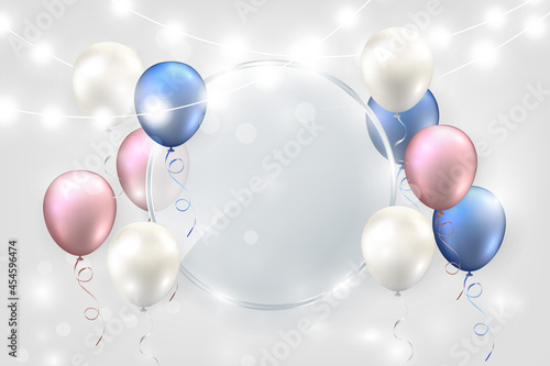 Elegant blue purple pink white ballon and decorative lighting chains round transparent glass plate Happy Birthday celebration card banner template